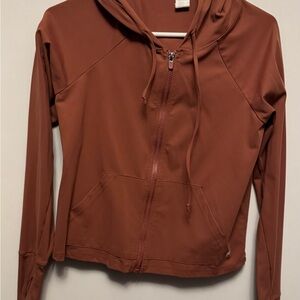 Fabletics Brown Zippered Fitted Long Sleeve Hoodie